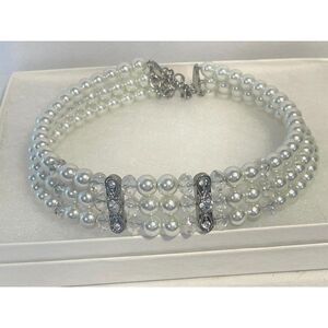 Kissaka‎ Necklace Pearl Bead & Crystals Multi Strand Choker Necklace 13-16"